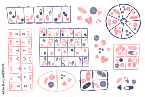 Pill box organisers collection.Tablets in plastic organizers. Daily, weekly medication. Reminder for taking pills. Flat hand drawn vector illustration.