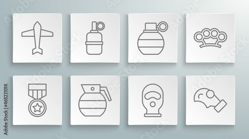 Set line Military reward medal, Hand grenade, Balaclava, Gas mask, Brass knuckles and Jet fighter icon. Vector