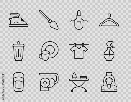 Set line Bucket with rag, Cleaning lady service, Kitchen apron, Toilet paper roll, Electric iron, Washing dishes, Iron and ironing board and Water spray bottle icon. Vector