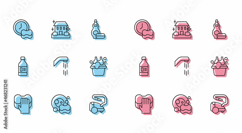 Set line Cleaning service, Washing dishes, Vacuum cleaner, Shower head, Basin with soap suds, Bottle for cleaning agent and Home icon. Vector