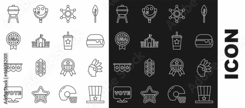 Set line Patriotic American top hat, Native Indian, Burger, Hexagram sheriff, United States Capitol Congress, Medal with star, Barbecue grill and Paper glass straw icon. Vector