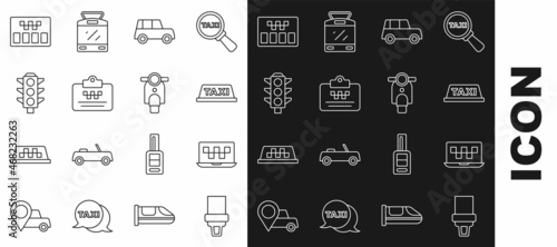 Set line Safety belt, Laptop call taxi service, Taxi car roof, Car, driver license, Traffic light, Taximeter and Scooter icon. Vector