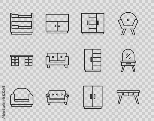 Set line Armchair, Office desk, Wardrobe, Sofa, Bunk bed, and Dressing table icon. Vector