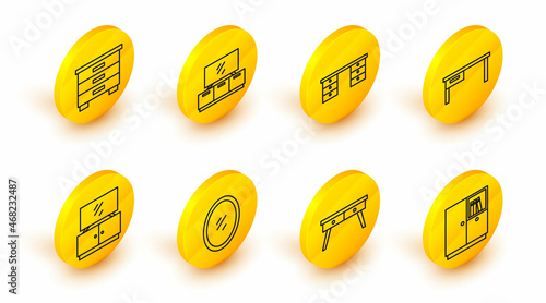 Set line Wardrobe, Office desk, Mirror, TV table stand, and Furniture nightstand icon. Vector