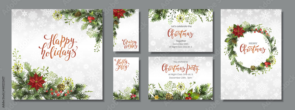 Christmas holiday cards, flyers or invitations. Christmas decor. Set of backgrounds for winter holidays. - obrazy, fototapety, plakaty 
