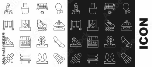 Set line Badminton shuttlecock, Skateboard trick, Attraction carousel, Soccer goal with ball, Car tire hanging rope, Double swing, Rocket ship and Roller skate icon. Vector