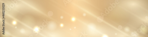 Abstract soft gold festive vector background with bokeh light effect on wide banner. Holiday glowing lights with sparkles. Festive defocused lights. Blurred bright abstract bokeh on light background.