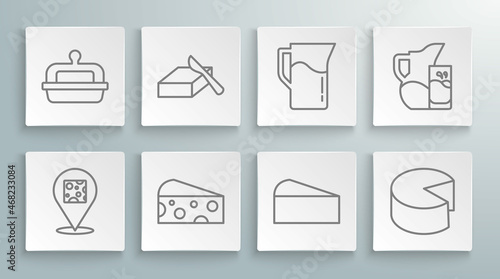 Set line Cheese, Butter in a butter dish, Milk jug or pitcher, and glass and icon. Vector