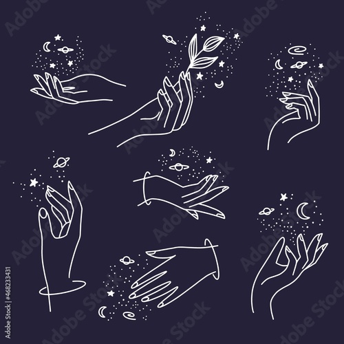 Vector set of female hand logos with stars, planets, moon