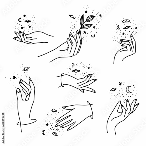 Vector set of female hand logos with stars, planets, moon