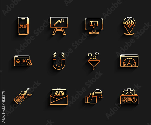 Set line SEO optimization, Advertising, Customer product rating, Magnet, Website statistic and Lead management icon. Vector