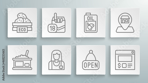 Set line Tin can with caviar, Cigarettes pack box, Seller, Hanging sign Open, Online ordering and delivery, Bottle of olive oil, Location Market store and Wooden for fruits icon. Vector