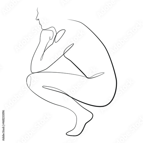 A man squatting sideways one line drawing on white isolated background. Vector illustration