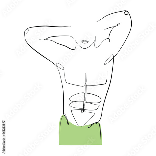 Athletic man stands, holding hands behind his head, one line drawing. Bodybuilder on a white isolated background. Vector illustration