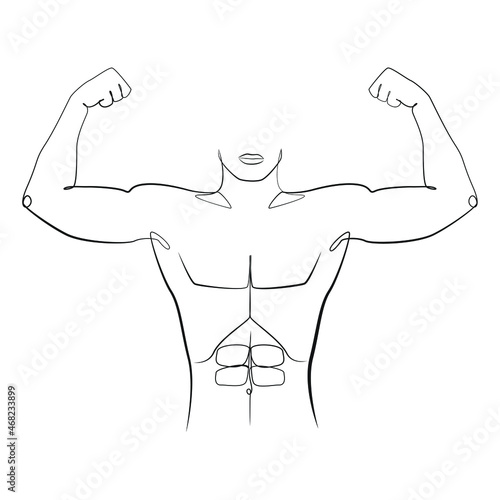 Fototapeta Athletic man stands, holding hands behind his head, one line drawing