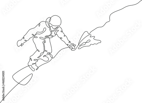Athlete snowboarder rides on a snowy slope. Snowboarder rides on a board in the snow in winter.One continuous line .One continuous drawing line logo isolated minimal illustration.
