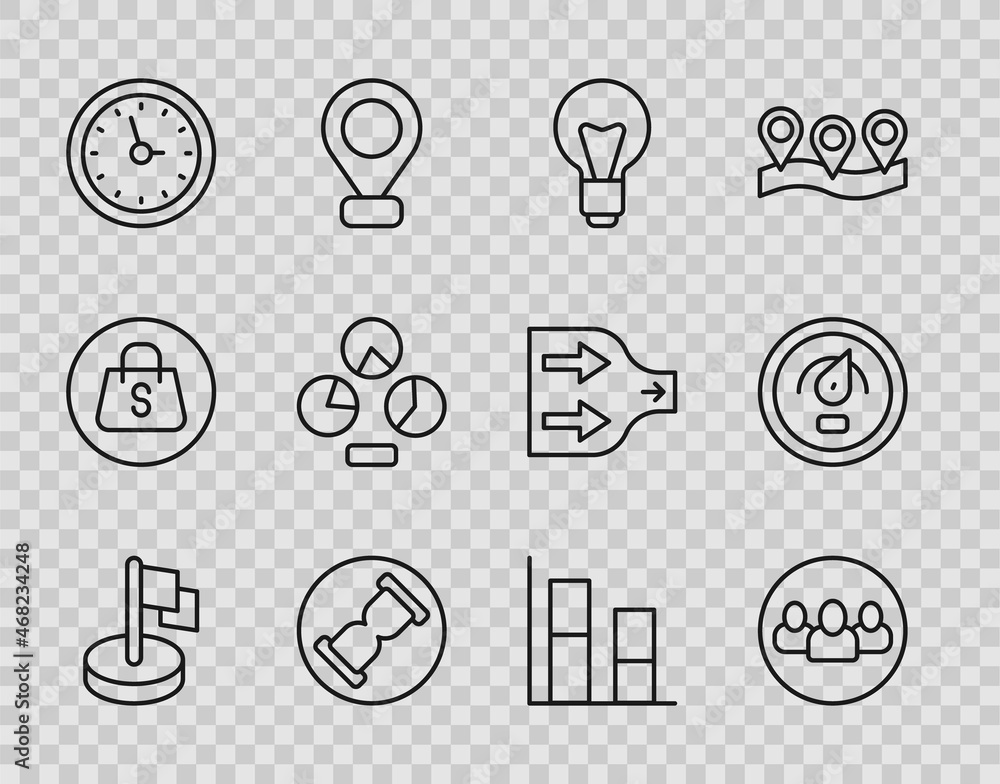 Set line Flag, Project team base, Light bulb, Old hourglass with sand, Clock, Pie chart infographic, Graph, chart, diagram and Digital speed meter icon. Vector Set line Flag, Project team base, Light bulb, Old hourglass with sand, Clock, Pie chart infographic, Graph, chart, diagram and Digital speed meter icon. Vector