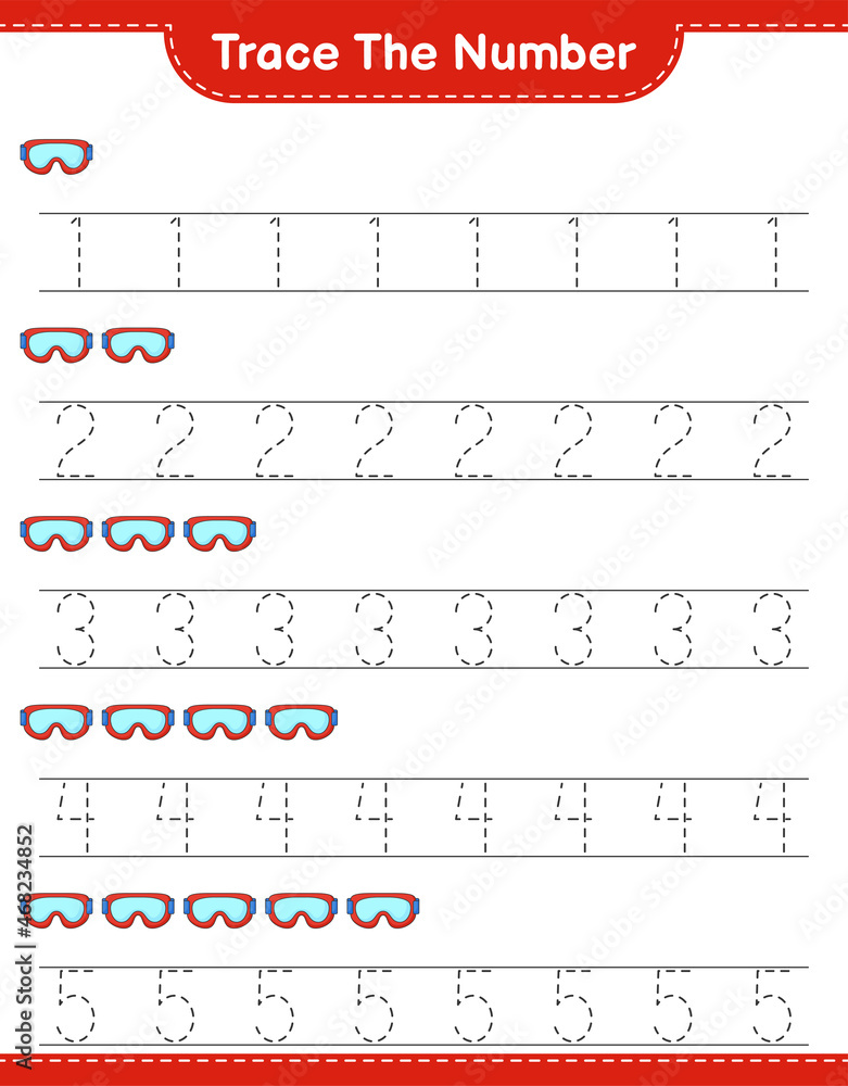 Trace the number. Tracing number with Goggle. Educational children game, printable worksheet, vector illustration Trace the number. Tracing number with Goggle. Educational children game, printable worksheet, vector illustration