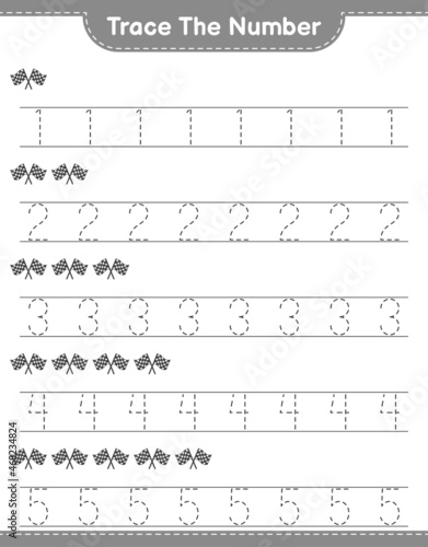 Trace the number. Tracing number with Racing Flags. Educational children game, printable worksheet, vector illustration