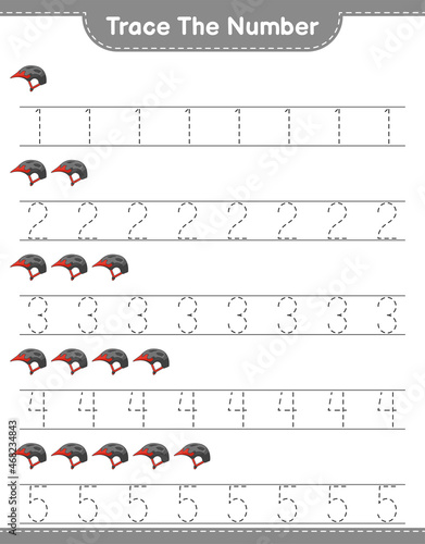 Trace the number. Tracing number with Bicycle Helmet. Educational children game, printable worksheet, vector illustration