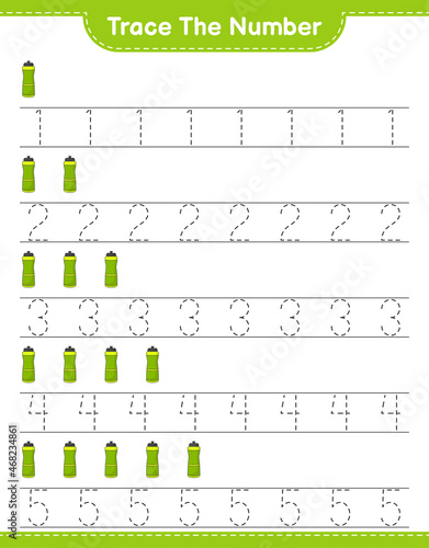 Trace the number. Tracing number with Sport Water Bottle. Educational children game, printable worksheet, vector illustration