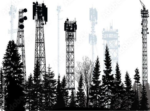 eight antenna tower silhouettes in black forest