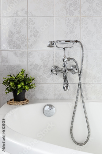 Traditional Victorian Shower & bath set on a white wall and a pot of green flowers