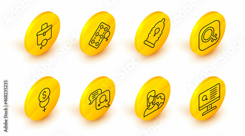 Set line Dating app, Women from different countries, Gender equality, Feminism finance, Female gender, Condom, Packaging of birth control pills and Work for female icon. Vector
