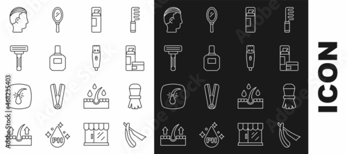 Set line Straight razor, Shaving brush, gel foam, Aftershave, Hairstyle for men and clipper icon. Vector