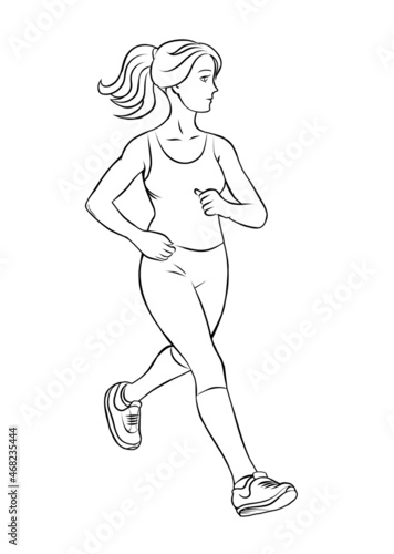 A beautiful slender girl is running. Sports training. Vector black and white illustration hand drawn. Isolated on white background