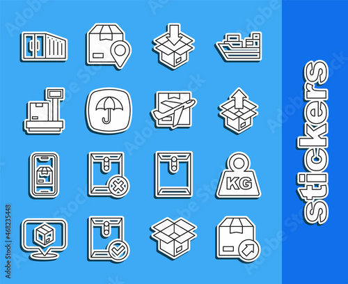 Set line Carton cardboard box, Weight, Unboxing, Delivery package with umbrella, Scale, Container and Plane and icon. Vector