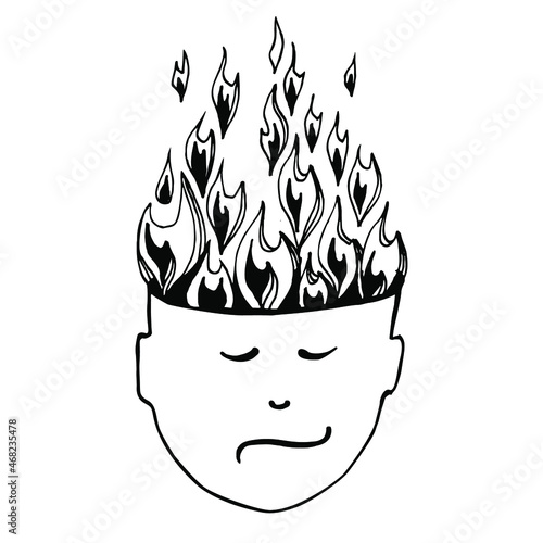 Mental disorder. Burning brain. Loneliness, depression, anxiety, stress, psychic illness, psychiatric problems. Sad emotion, tension in the life. Doodle style vector sketch illustration 