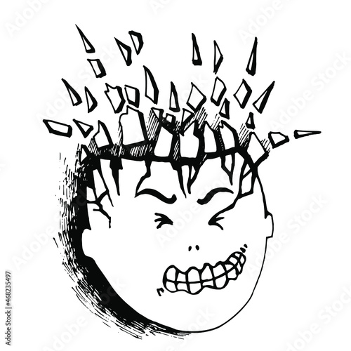 Mental disorder. Loneliness, depression, anxiety, stress, psychic illness, psychotherapy and psychiatric problems. Angry emotion, tension in the life. Line art. Vector sketch illustration 