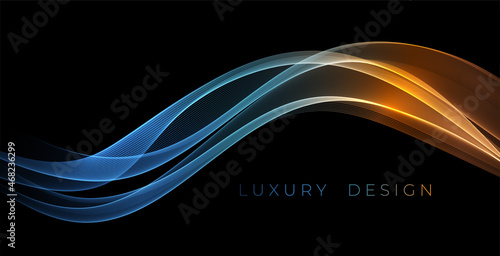 Abstract Waves. Shiny blue moving lines design element on dark background for greeting card and disqount voucher.