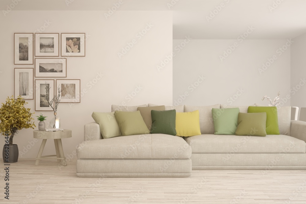 Modern living room in white color with sofa. Scandinavian interior design. 3D illustration Modern living room in white color with sofa. Scandinavian interior design. 3D illustration