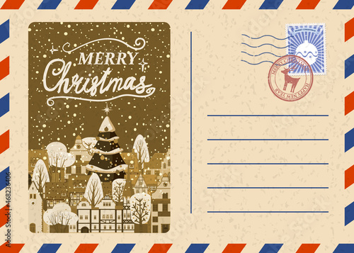 Christmas and Happy New Year greeting holiday postcard, old winter city xmas vintage background. Vector illustration invitation card retro