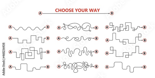 Set of difficult and easy simple way process from start to end. Vector card illustration with path to success outline art concept. The road from point a to point b. Right and wrong way with messy line