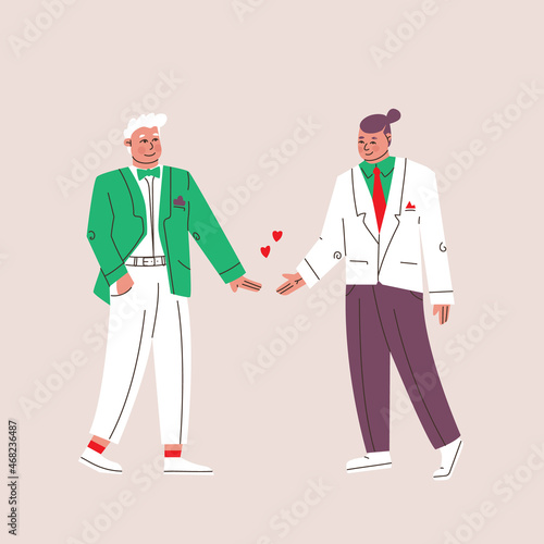 Wedding of two men. Lovely, cute characters, holding hands. Groom in suit, LGBT wedding. Vectoral isolated illustration.