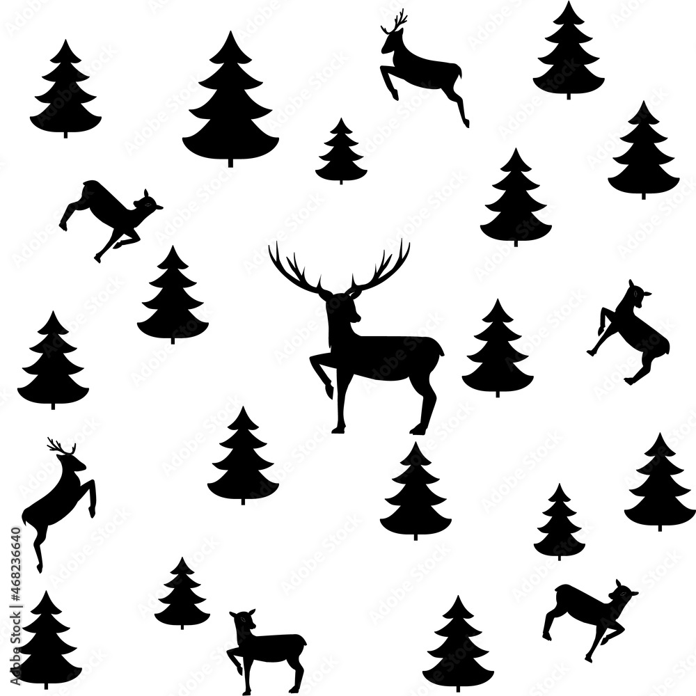 Obraz premium Black deer and tree chaotic seamless pattern.