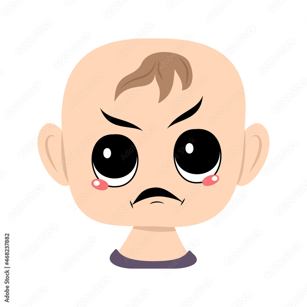 Child with angry emotions, grumpy face, furious eyes. Head of cute baby with furious expression Child with angry emotions, grumpy face, furious eyes. Head of cute baby with furious expression