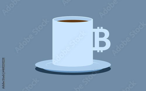 A cup of coffee or tea with a handle in the shape of a bitcoin symbol. Concept illustration of accepting cryptocurrency payments.
