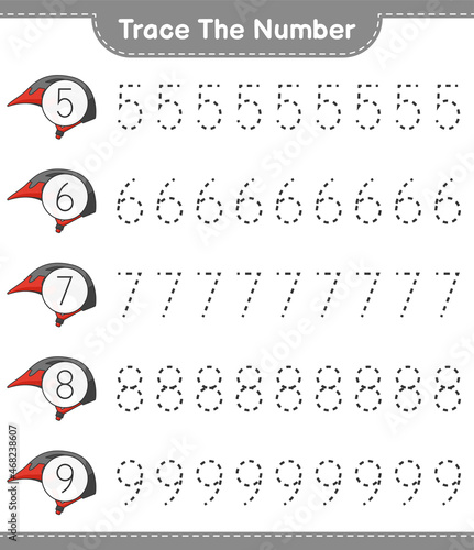 Trace the number. Tracing number with Bicycle Helmet. Educational children game, printable worksheet, vector illustration