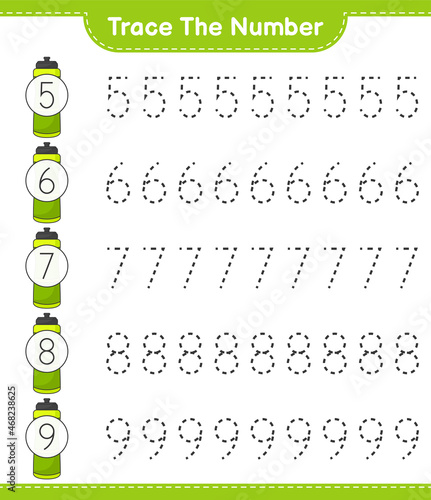 Trace the number. Tracing number with Sport Water Bottle. Educational children game, printable worksheet, vector illustration