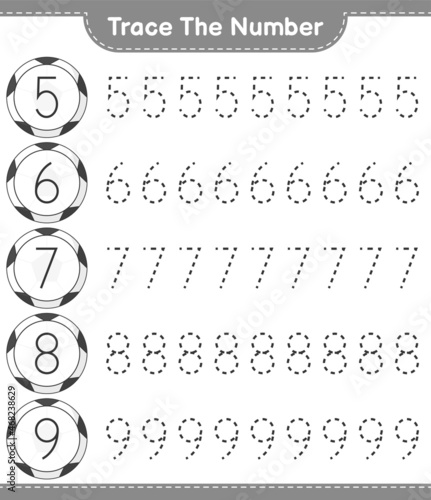 Trace the number. Tracing number with Soccer Ball. Educational children game, printable worksheet, vector illustration