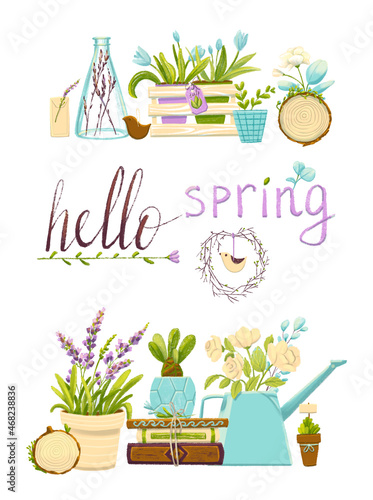 Spring poster with gardener items and plants. Pastel colors in a fresh scale, heather, roses, books create the mood of a spring day.