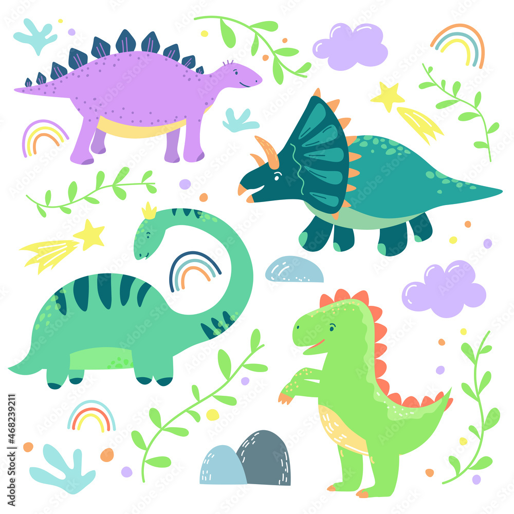 Set of adorable dinosaurs and decorative elements. Set of hand drawn dinosaurs for kids Set of adorable dinosaurs and decorative elements. Set of hand drawn dinosaurs for kids