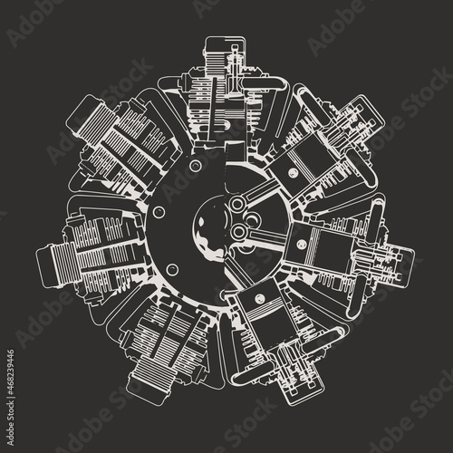 Sectional Drawing of an Airplane Radial Engine. Outline Style. Engineering Background. Vector Illustration.