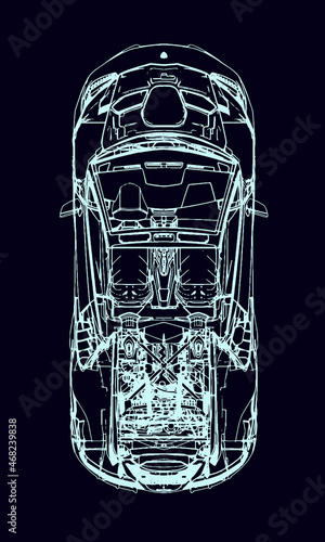 X-Ray Top View of a Modern Sports Car. Outline style. Engineering Background. Vector Illustration.