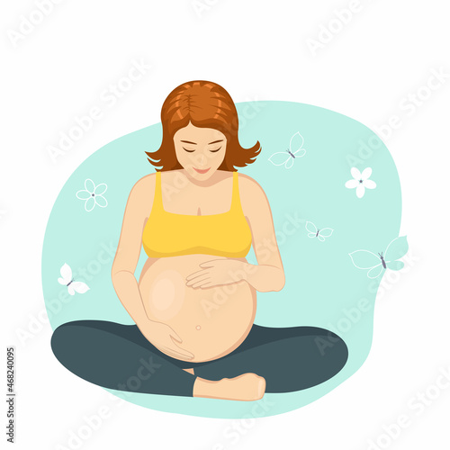 Pregnant woman on blue background. Pregnancy, motherhood concept. Cartoon flat style. Vector illustration