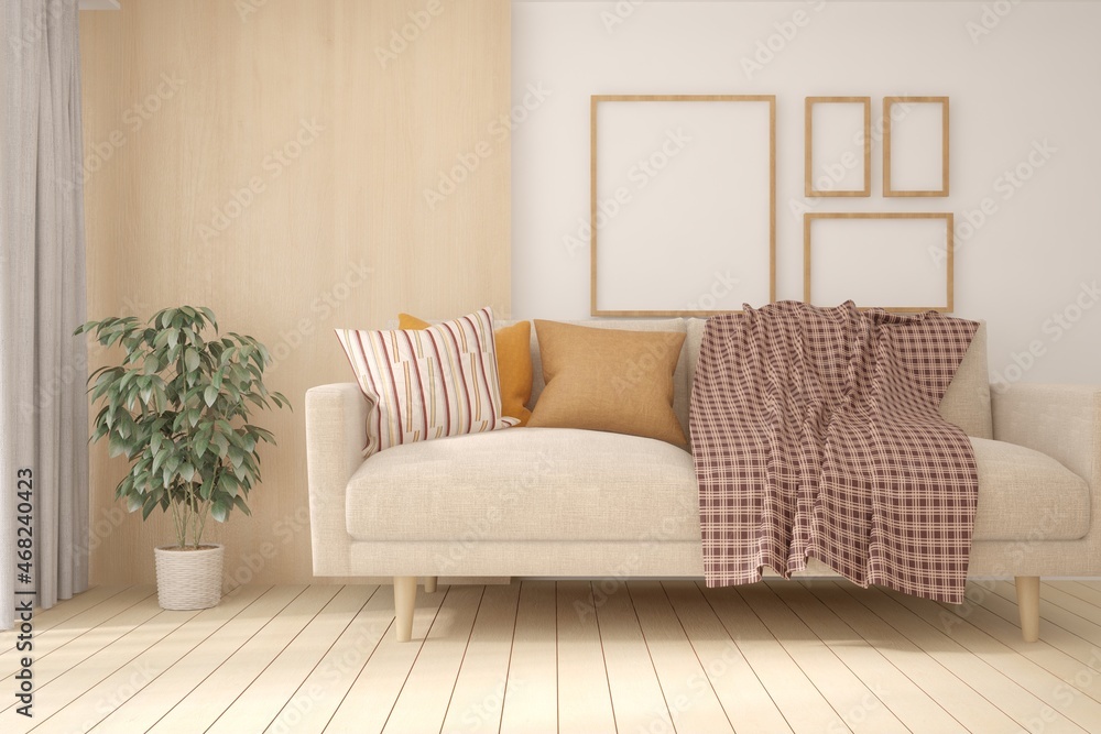 Fototapeta premium White living room with sofa. Scandinavian interior design. 3D illustration